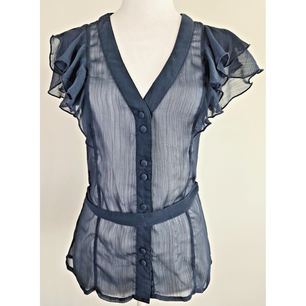 Just Jeans Double Ruffle Sleeves Sheer Button Up Blouse w/Belt Sz M Quiet Luxury